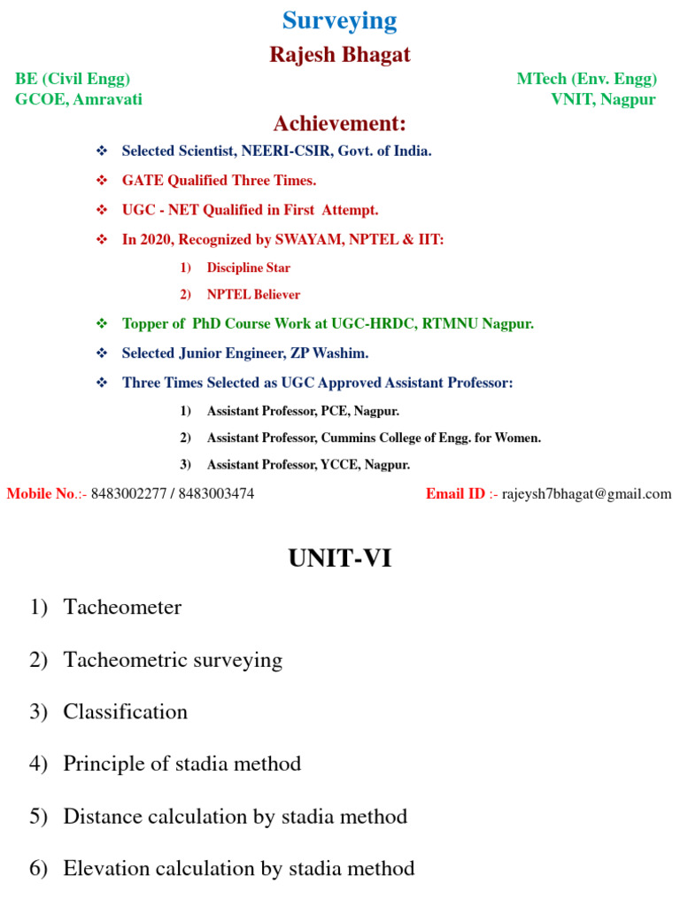 Unit 6 Tacheometer Tacheometry Surveying Classification Stadia Method ...