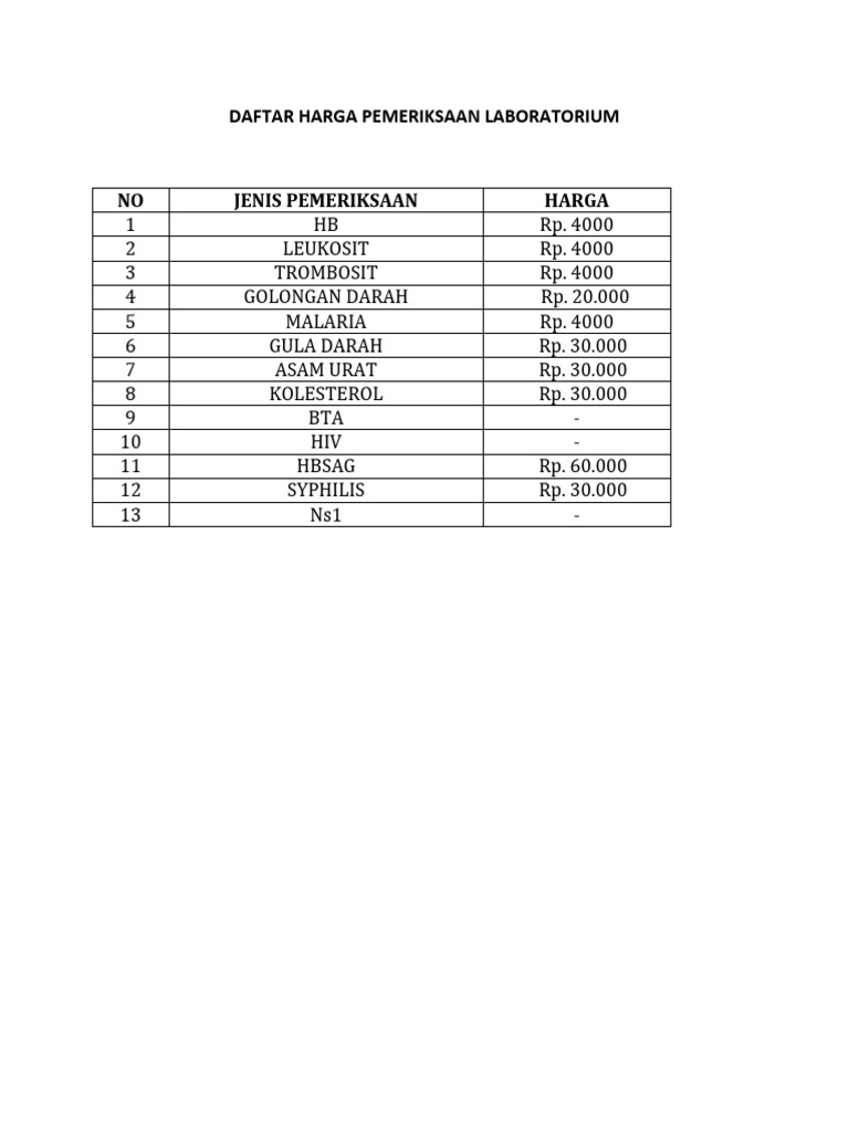 Daftar Harga Pemeriksaan Laboratorium Pdf