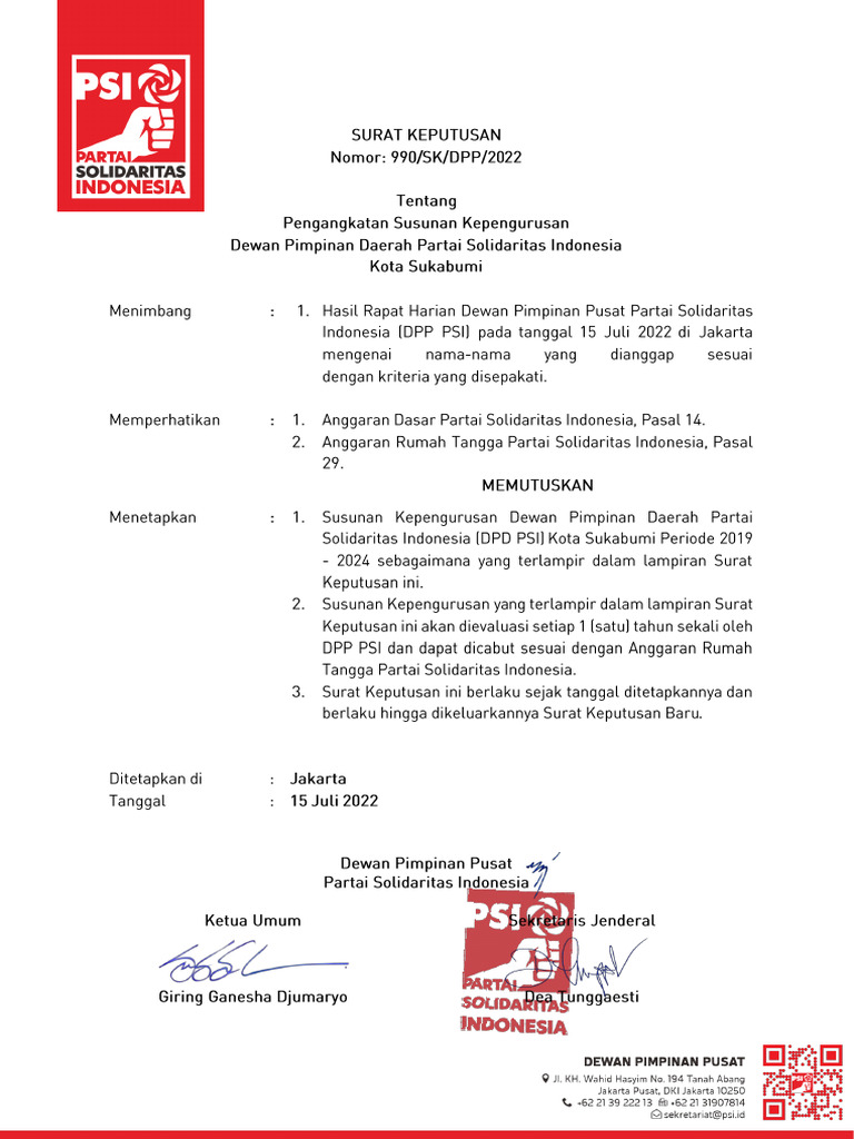 990 - SK - DPP - 2022 SK Pengangkatan DPD Kota Sukabumi | PDF