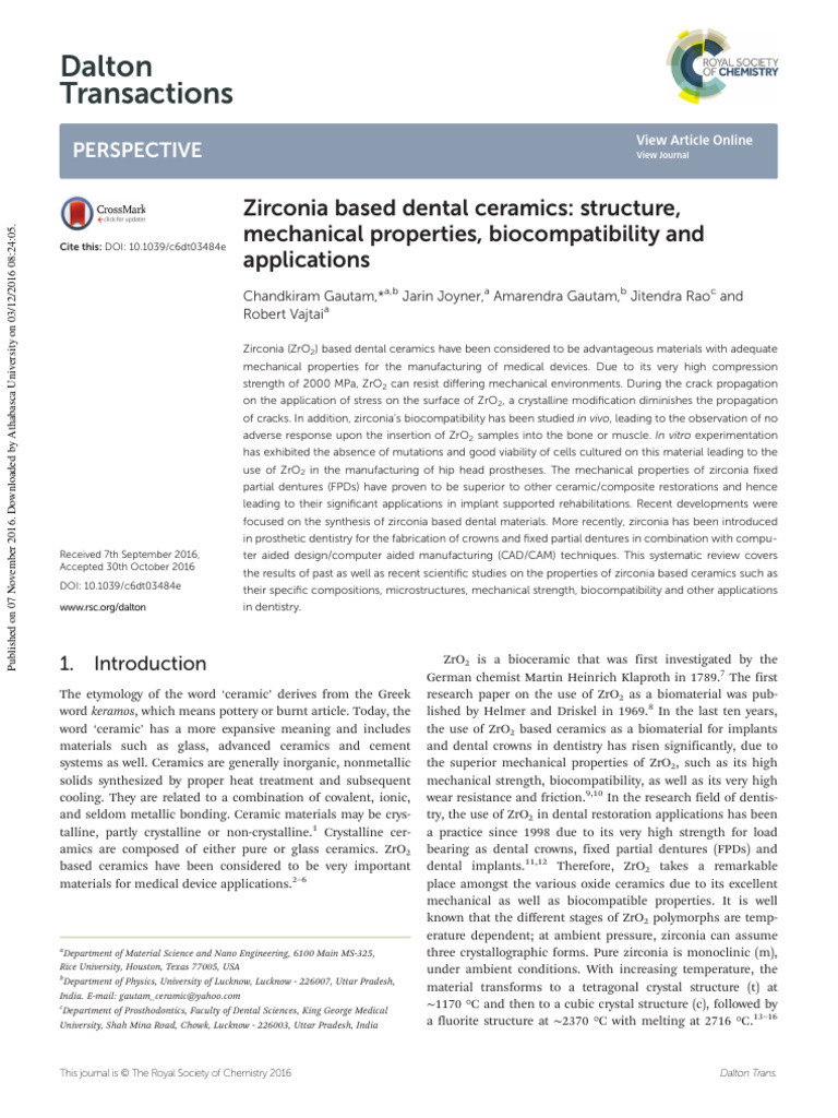 Gautam 2016 | PDF | Zirconium Dioxide | Ceramics
