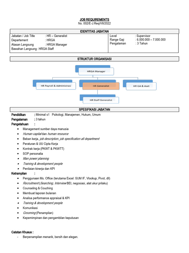 Job - Requirements - HR Generalish | PDF