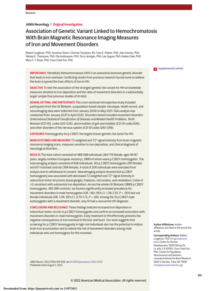 Association of Variant Linked To Hemochromatosis With Brain
