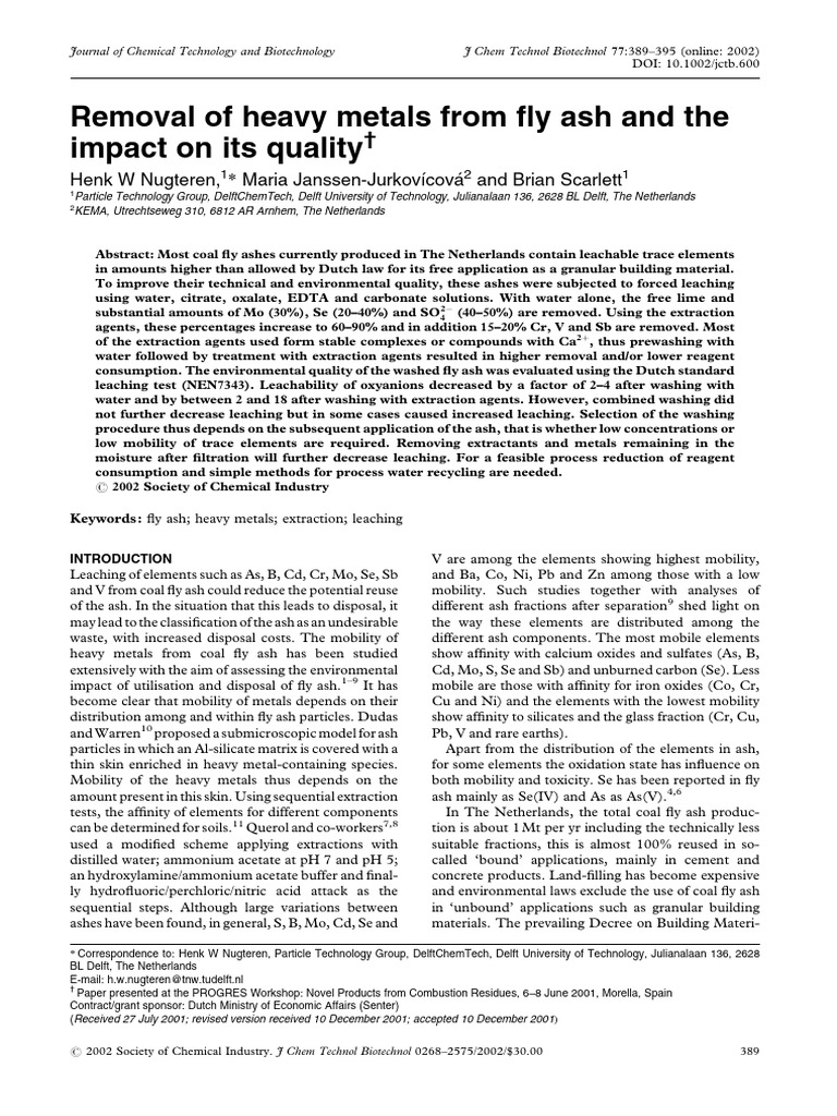 Removal of Heavy Metals From Fly Ash and The Impact On Its Quality ...