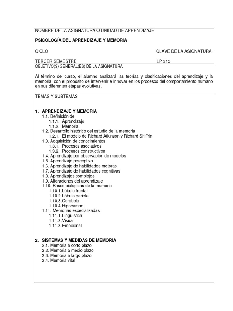 Psicología del Aprendizaje y Memoria | PDF | Memoria | Aprendizaje