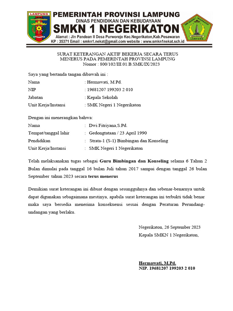 CONTOH FORMAT SURAT KETERANGAN AKTIF BEKERJA TERUS MENERUS New | PDF