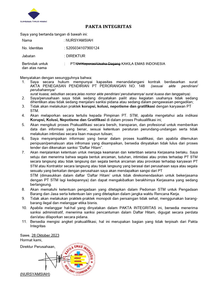 Tanda Tangan Pakta Integritas Perusahaan | PDF | Bisnis