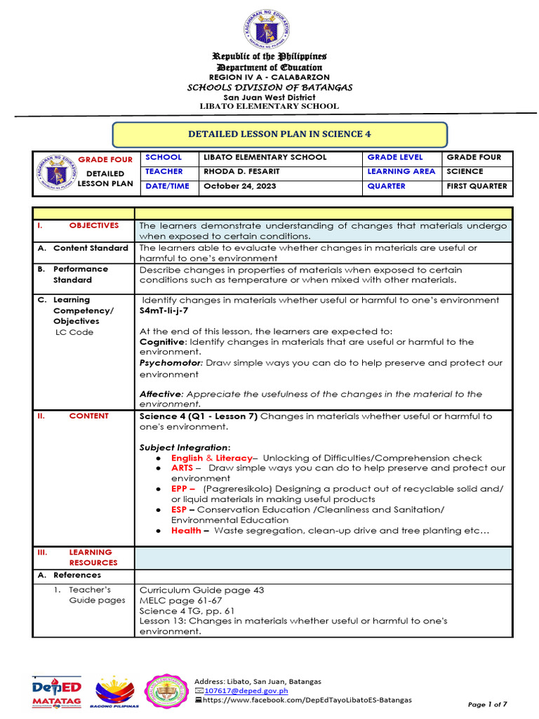 Science 4 Q1 Week 7 Lesson Plan | PDF | Learning | Differentiated ...