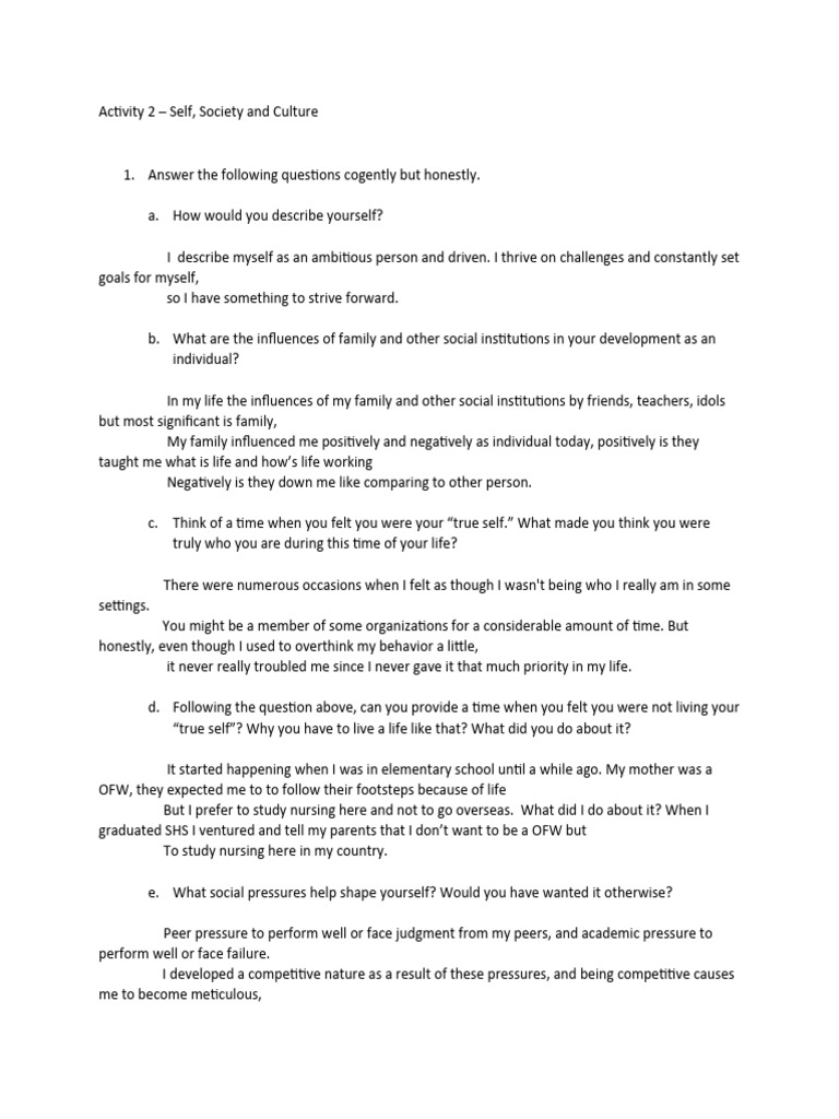 Activity 2 Self Society and Culture | PDF | Socialization | Attitude ...