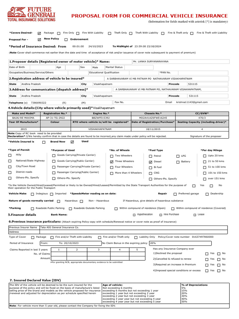 Proposal Form For Commercial Vehicle Insurance: (Information For Fields ...