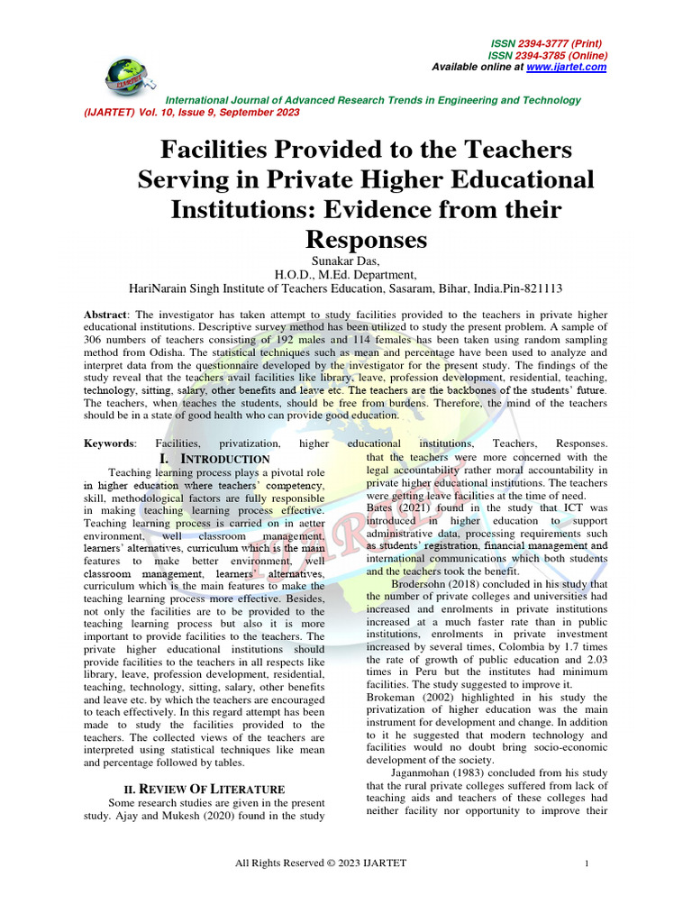 Facilities provided to the teachers serving in private higher