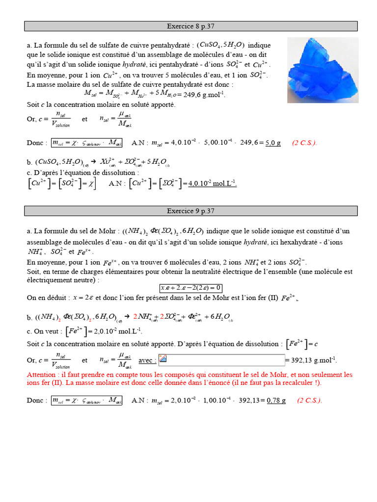 Masse Molaire et Dissolution des Sels | PDF | Ion | Acide chlorhydrique