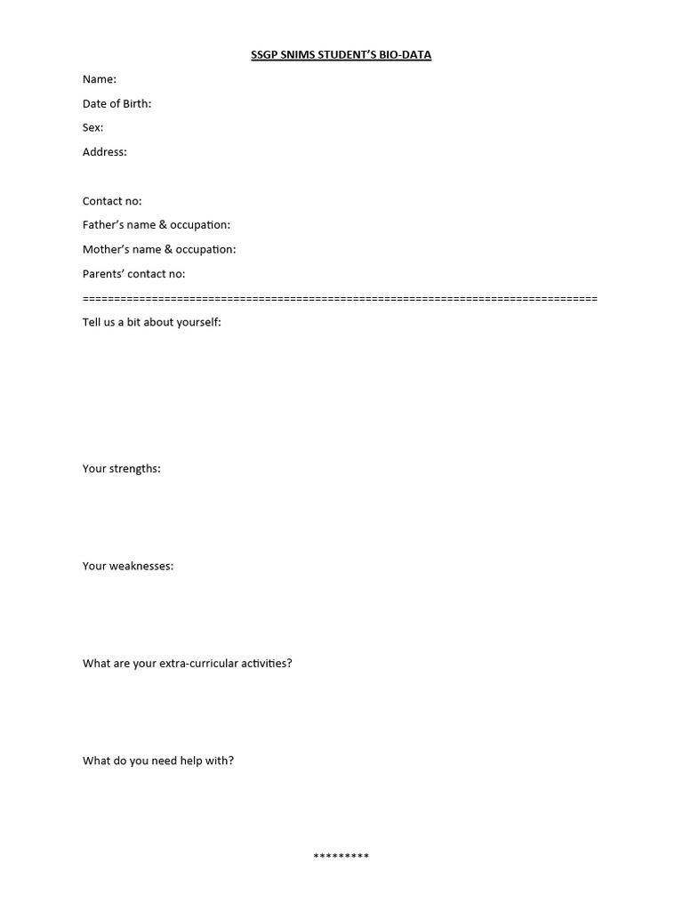 Student Biodata Form Template | PDF