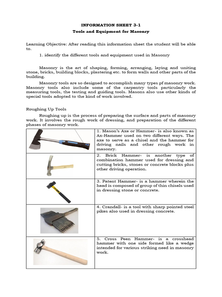 Masonry Tools and Equipment Download Free PDF Masonry Hammer