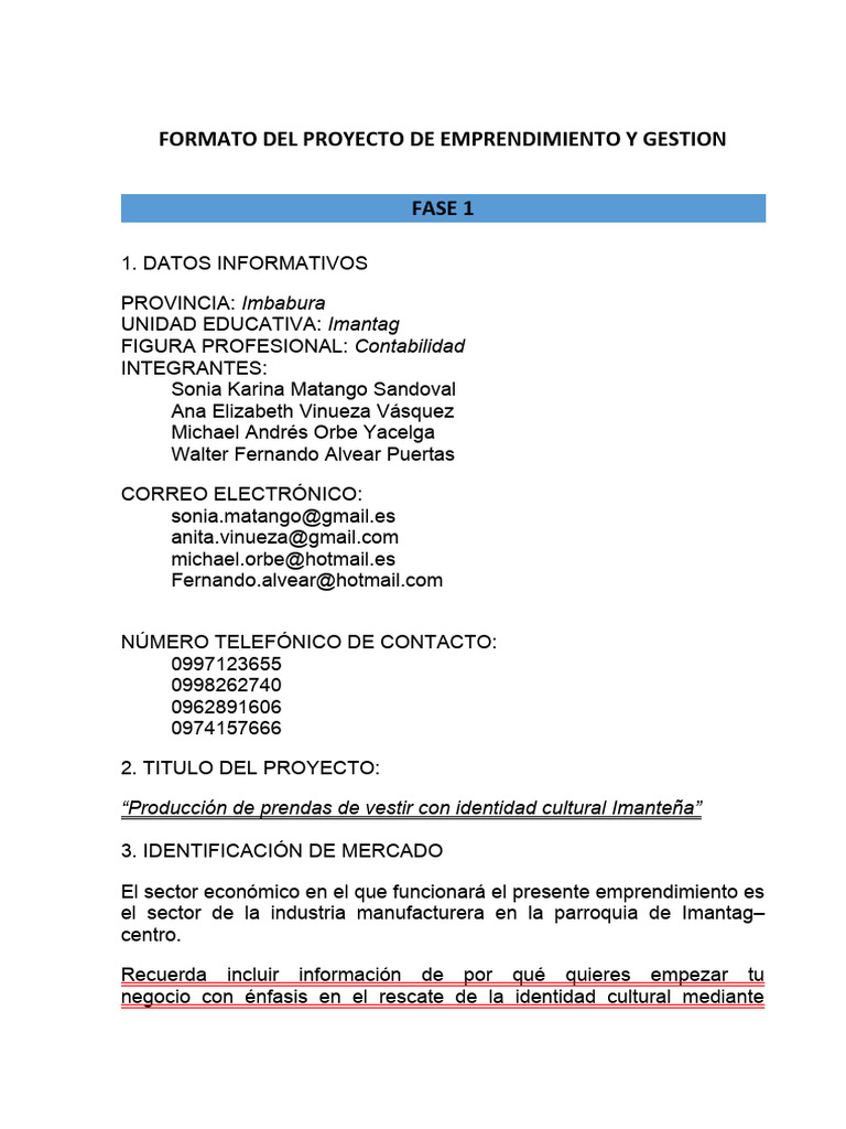FORMATO PARA EL PROYECTO DE EMPRENDIMIENTO Y GESTION | PDF | Producto ...