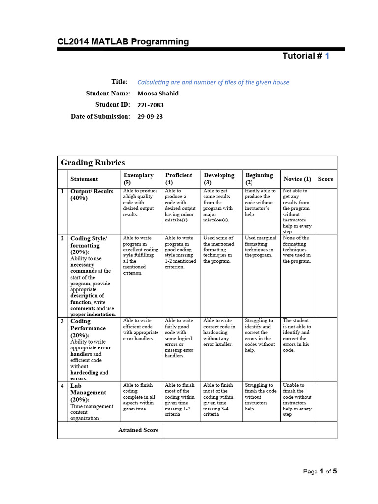 CL2014 MATLAB Programming Tutorial #: Title: Student Name: Moosa Shahid ...