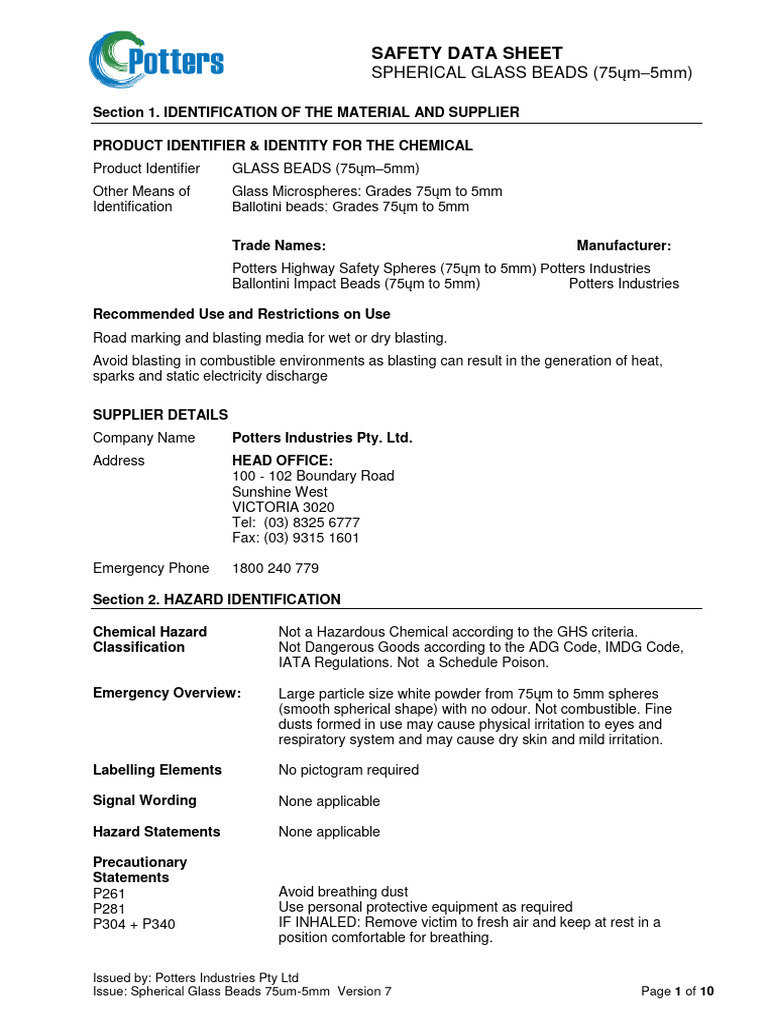 Potters SDS Download Free PDF Dangerous Goods Toxicity