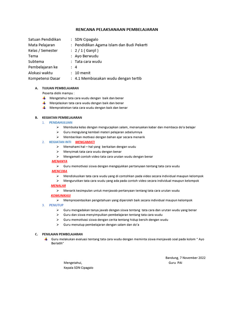 RPP Pembelajaran Wudu Kelas 2 SD | PDF | Karier & Perkembangan ...
