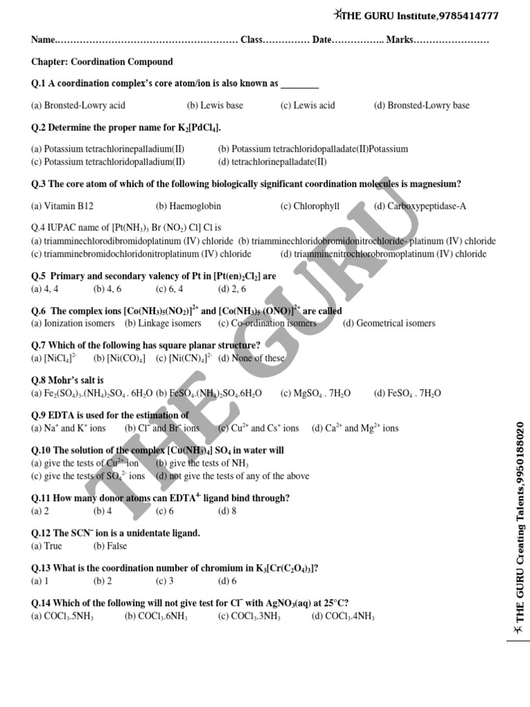 Mcq Coordination Compound Pdf Coordination Complex Chloride