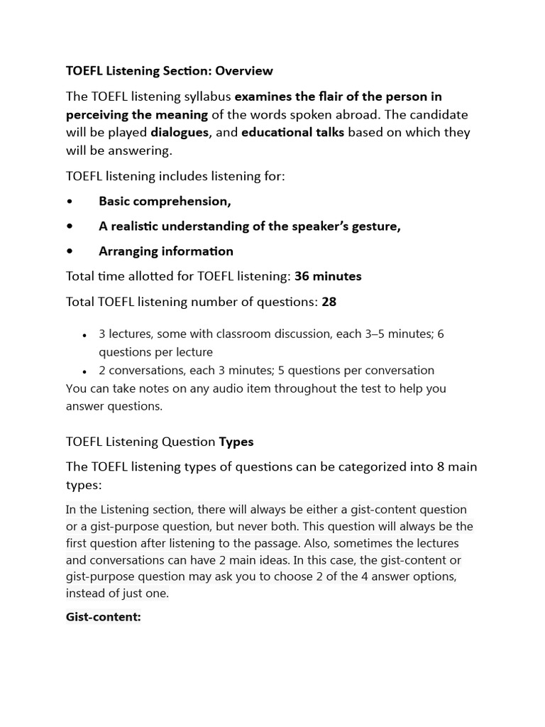 Toefl Listening Section Pdf Test Of English As A Foreign Language