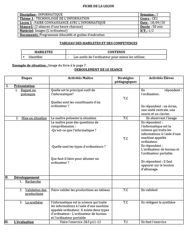 Fiche de préparation informatique CE2 | PDF | Informatique | Matériel ...