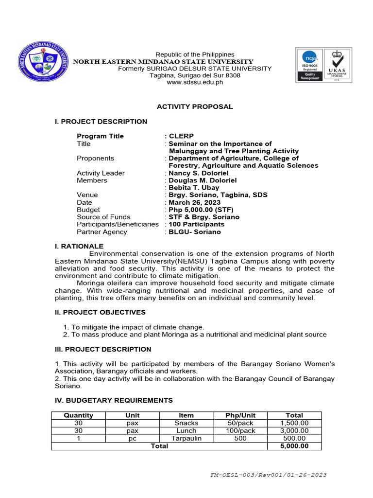 Moringa Tree Planting Seminar Proposal | PDF | Natural Environment