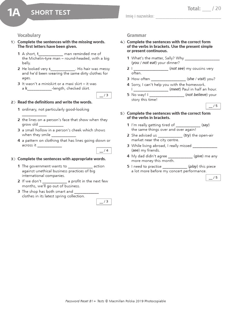 Vocabulary and Grammar Test B1+ | PDF | Human Communication | Syntax