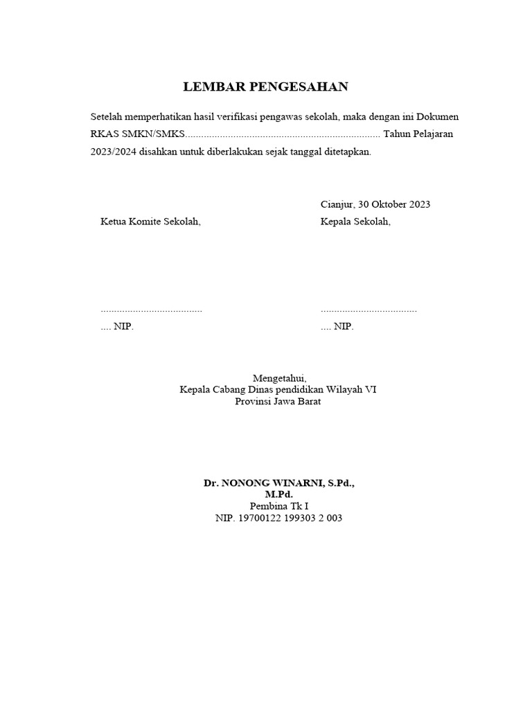 Lembar Pengesahan Rkas 2023 | PDF