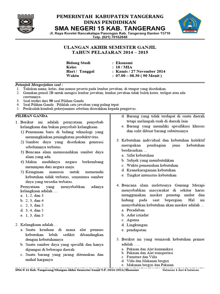 Soal UAS Kelas X MIA TP. 2014-2015 | PDF