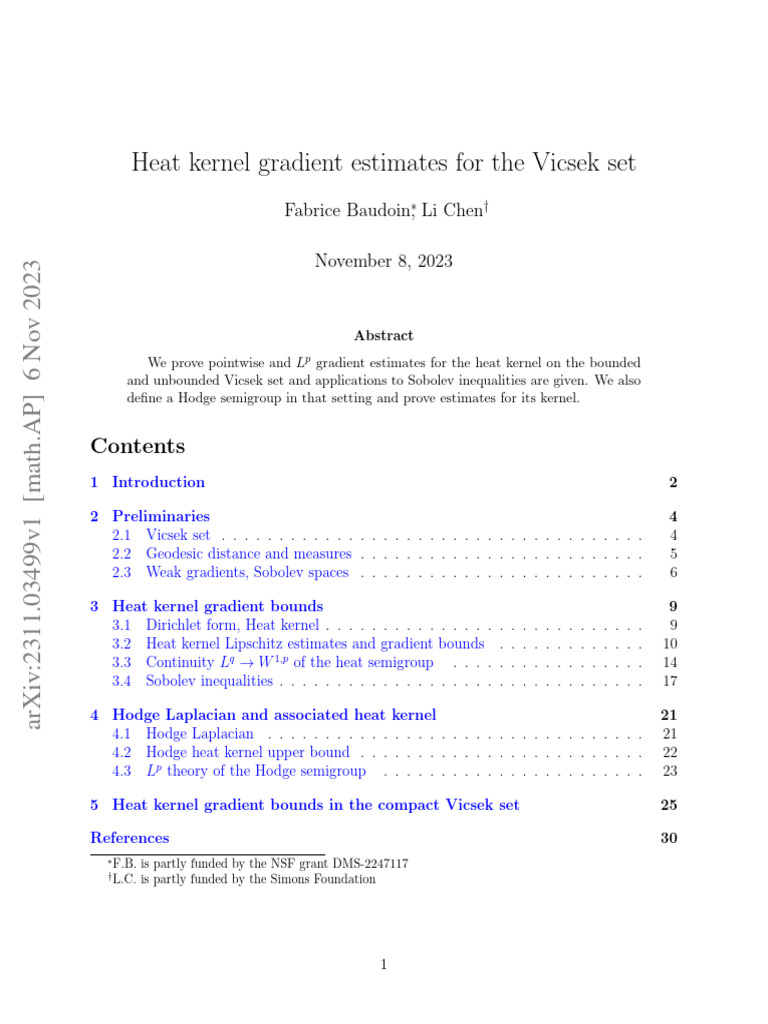Heat Kernel Gradient Estimates For The Vicsek Set: Fabrice Baudoin, Li ...