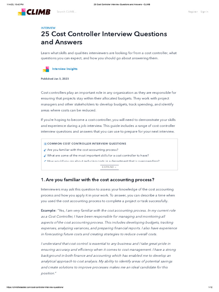 25 Cost Controller Interview Questions and Answers CLIMB PDF Cost