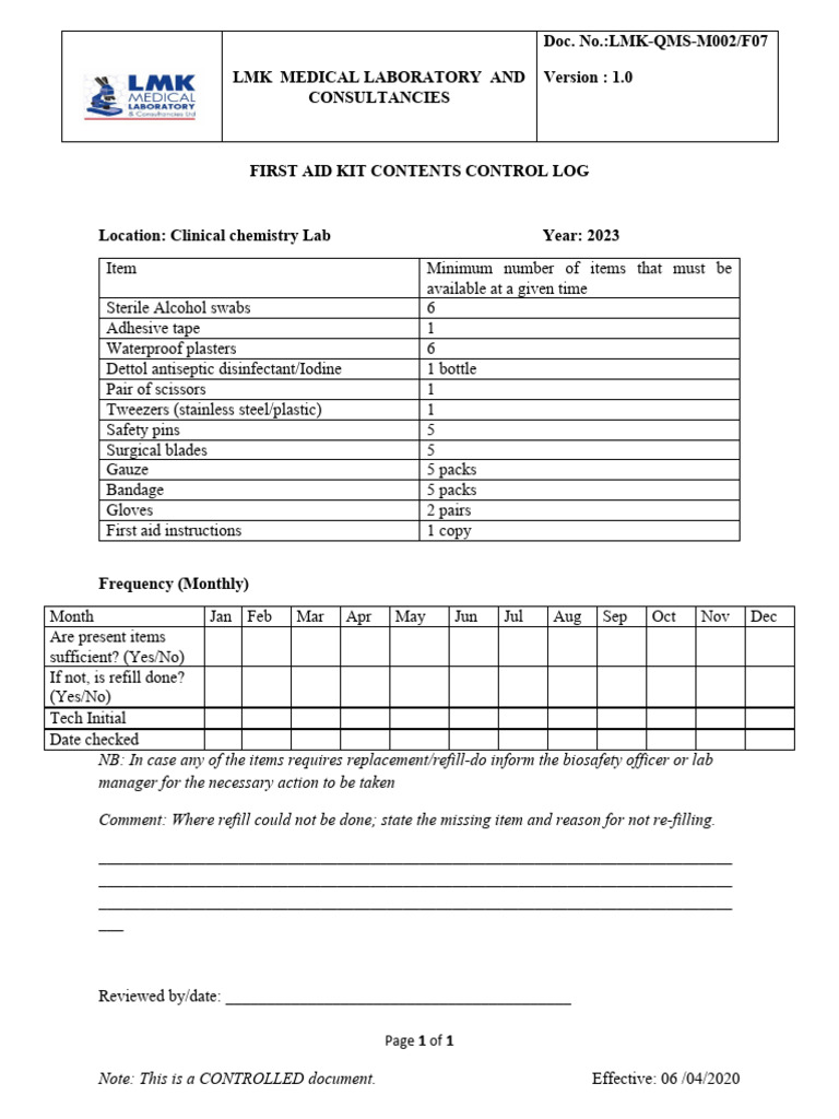 First Aid Kit Control Log 2023 | PDF