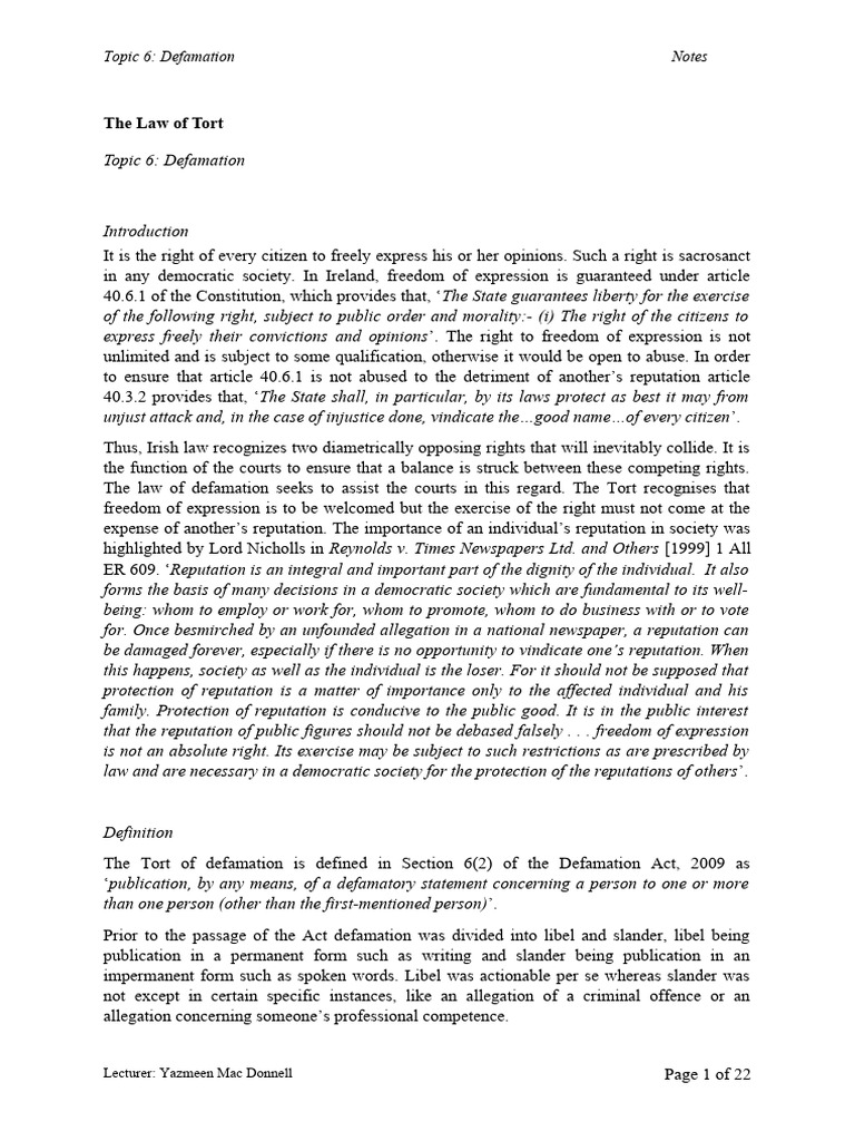 Defamation Notes PDF Defamation Common Law