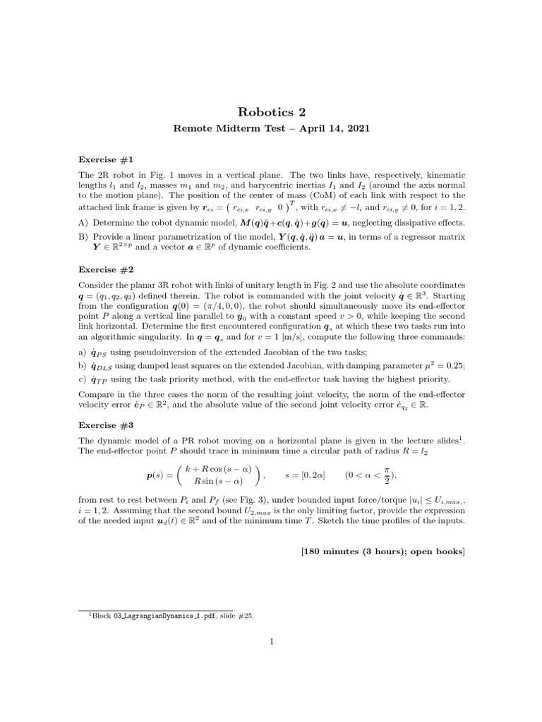 Robotics2 Remote Midterm Test 2020-21 21.04.14 | PDF | Acceleration ...