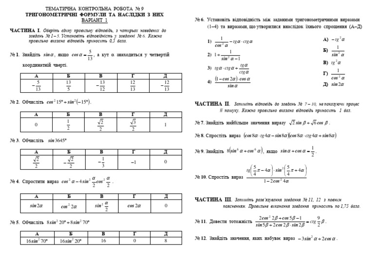 10кл - КР9 - Тригонометрія формули | PDF