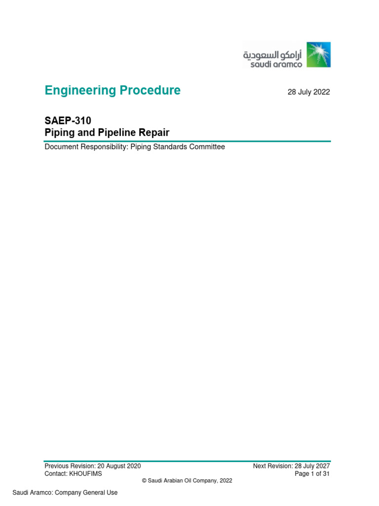 SAEP-310: Piping Repair Procedures | PDF | Pipe (Fluid Conveyance ...