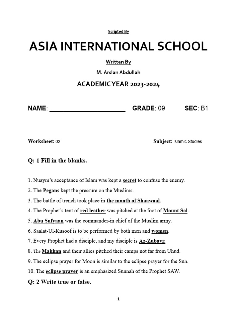 Grade 9 Islamic Studies Worksheet 2023 | PDF | Muhammad | Abrahamic ...