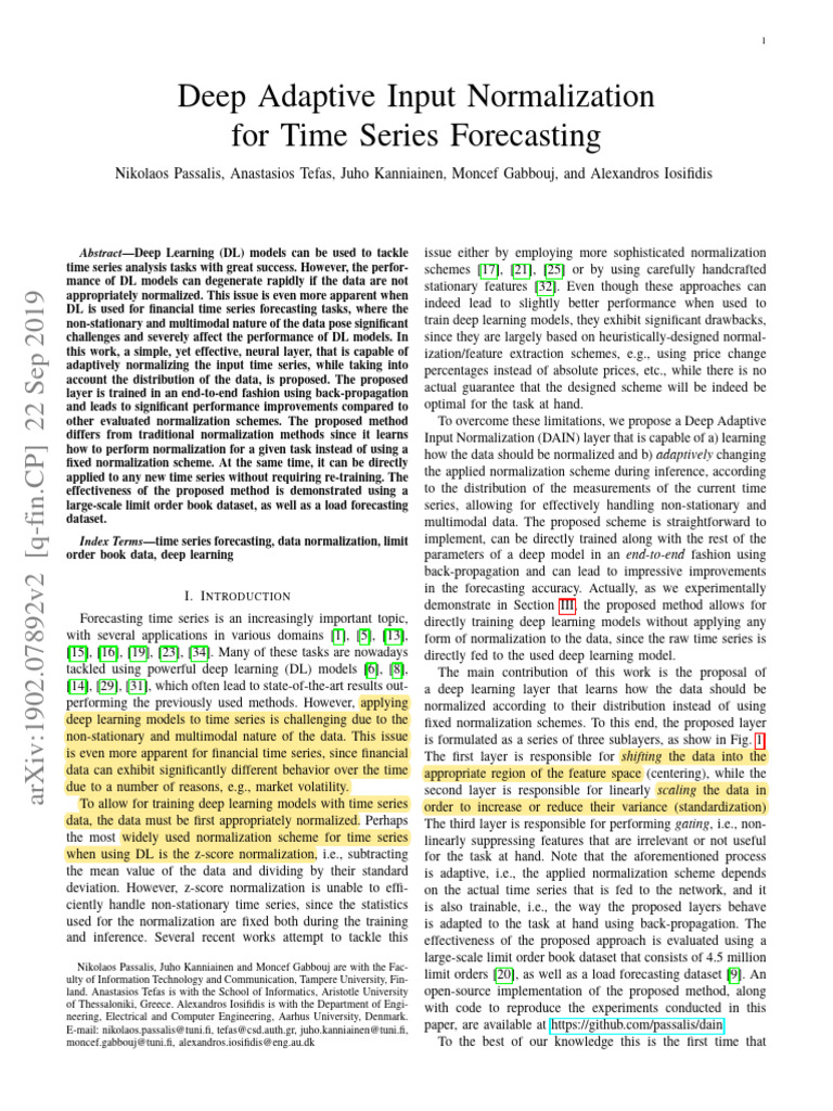 Deep Adaptive Input Normalization | PDF | Time Series | Deep Learning