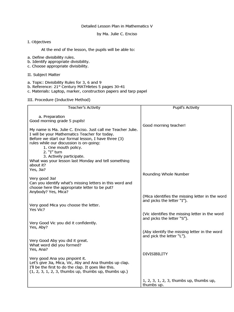 Detailed Lesson Plan In Math 5 Divisibility Download Free Pdf
