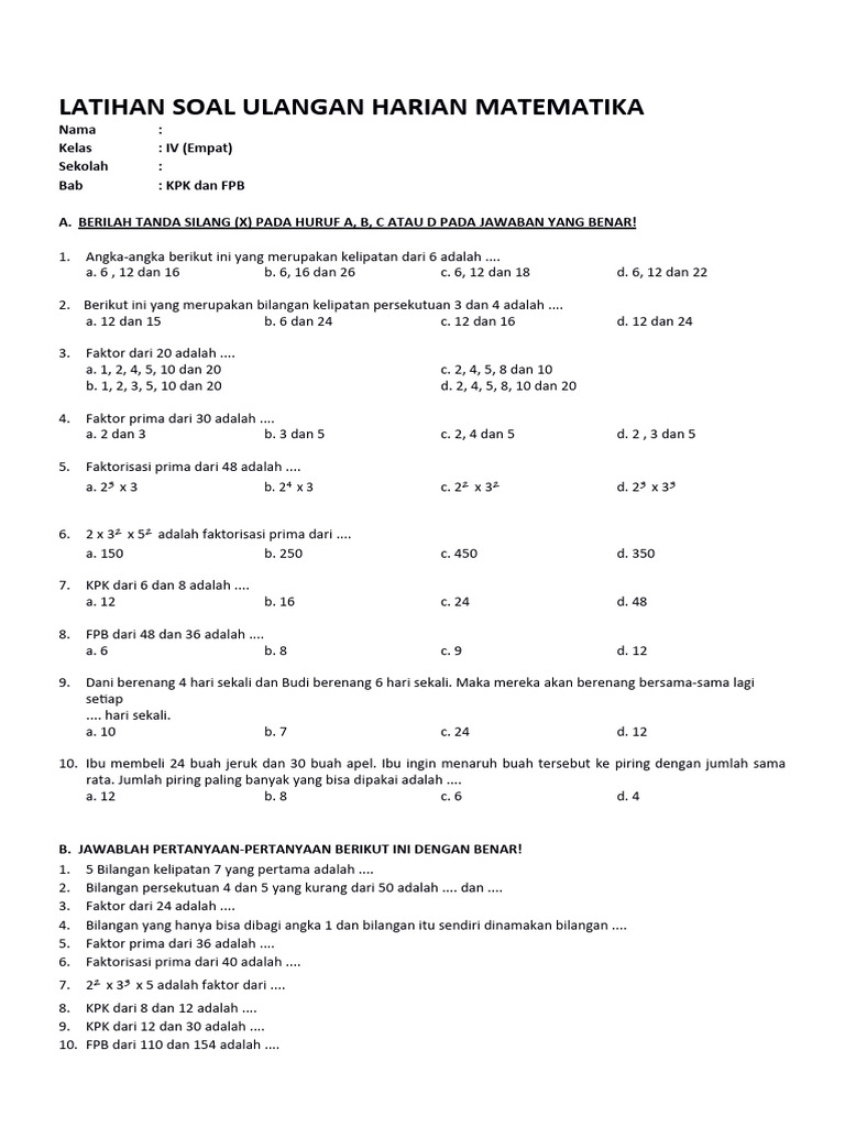Soal KPK dan FPB Kelas 4 SD | PDF