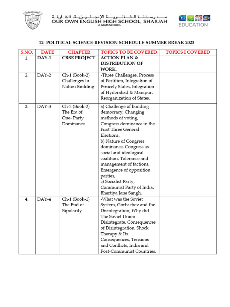 12-Poitical Science-Revision Schedule | PDF | South Asia | China
