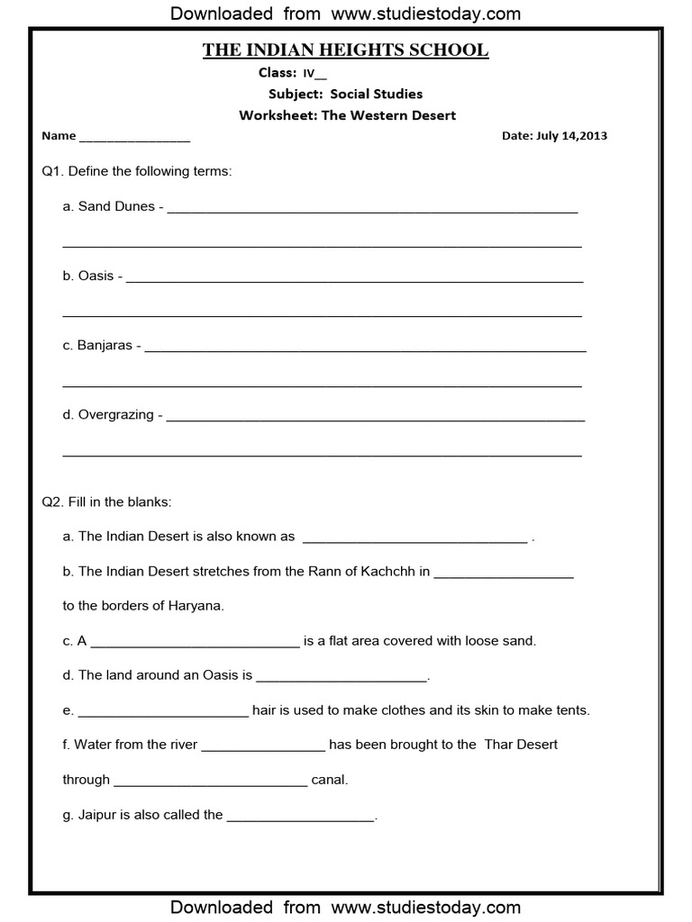 Cbse class 4 social studies worksheet western desert pdf
