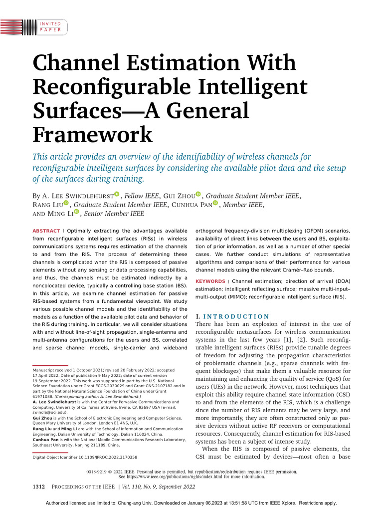 Swindlehurst channel estimation with reconfigurable intelligent