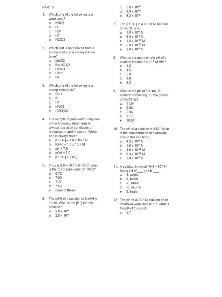 Acid-Base Chemistry Review Questions | PDF | Acid | Hydroxide