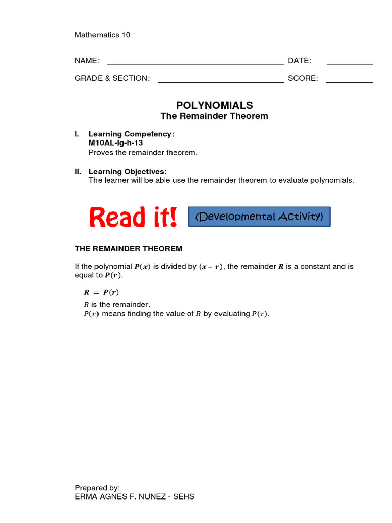 The Remainder Theorem PDF Polynomial Mathematics