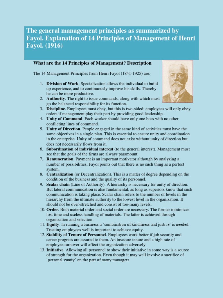 The General Management Principles As Summarized by Fayol | PDF ...