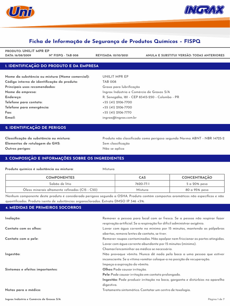 FISPQ UNILIT MPR EP: Segurança e Uso | PDF | Solubilidade | Combustão