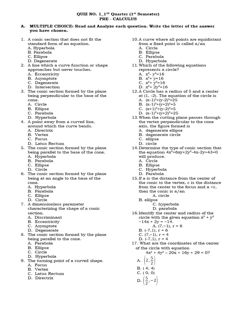 Quiz No. 1 - Pre Calculus1st QRTR | PDF | Ellipse | Analytic Geometry