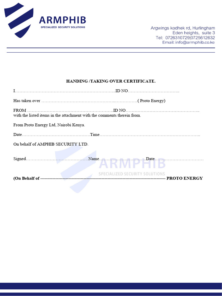 Security Handover Certificate Template | PDF