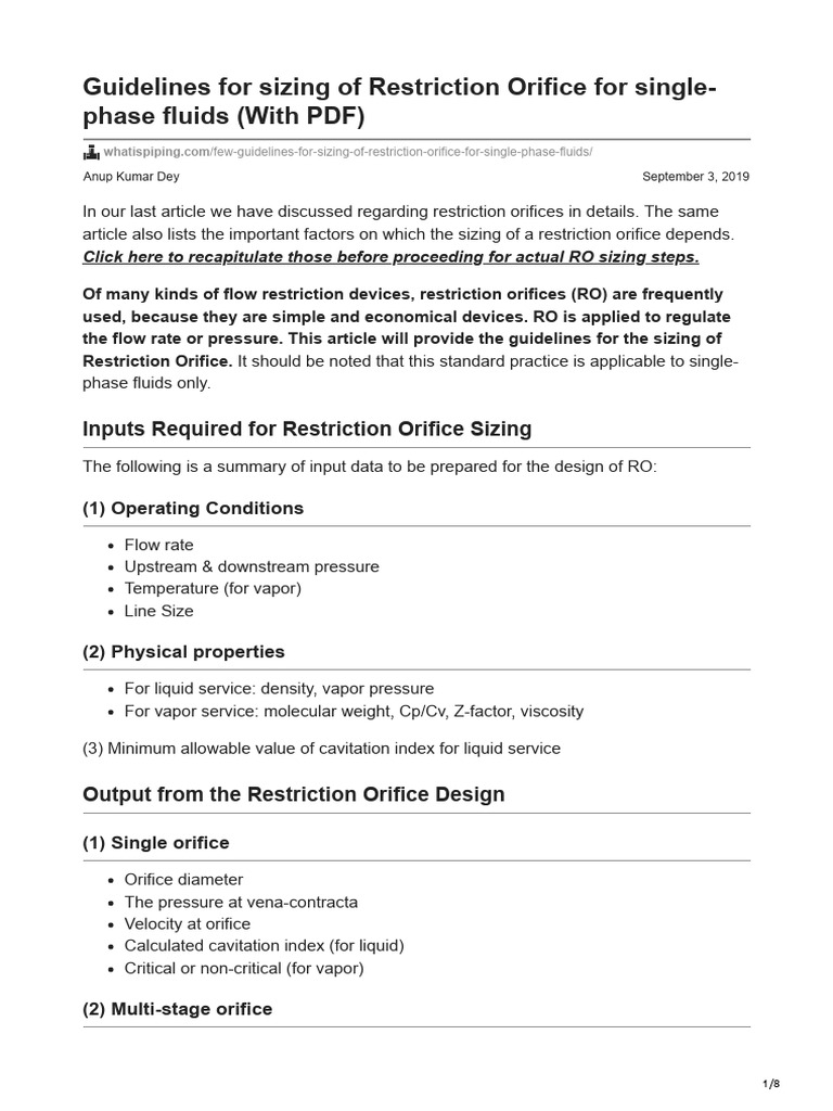Guidelines for sizing of restriction orifice for single phase fluids