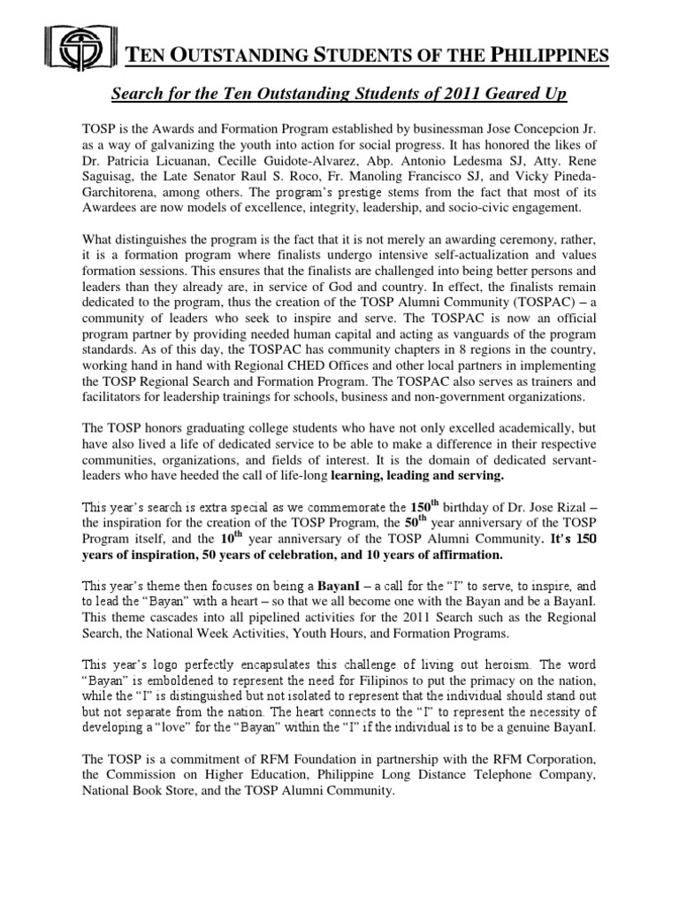 TOSP 2011: Search for Top Students | PDF | Philippines | Further Education